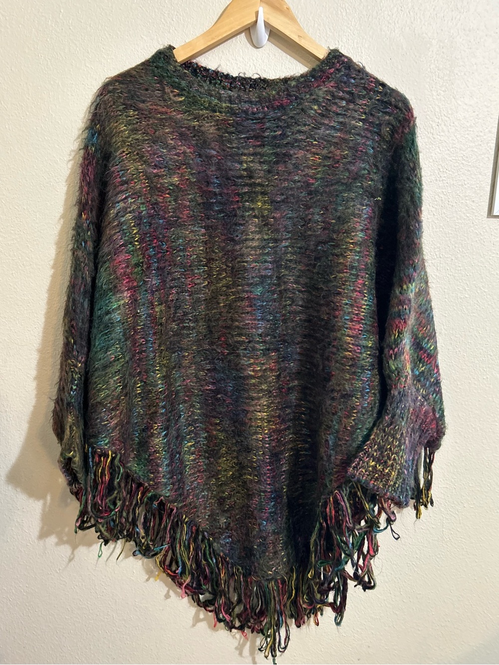 Earthbound Rainbow Multicolor Fringe Knit Poncho Sweater Women's Boho Hippie S